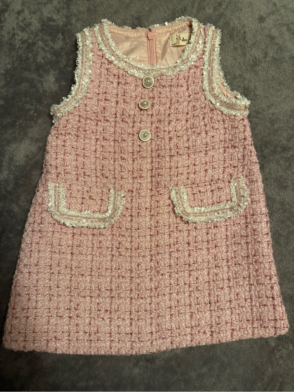 Doe A Dear Pink Tweed Sequin Trim Dress Pearl Buttons 2T